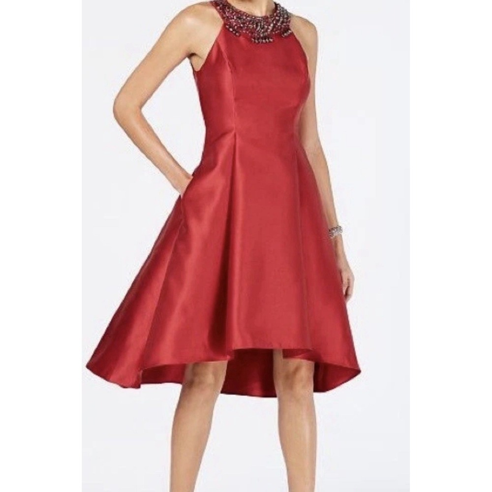 Adrianna Papell Rhinestone High Low Red Dress, Size 4